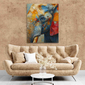 a living room with a couch and a painting on the wall