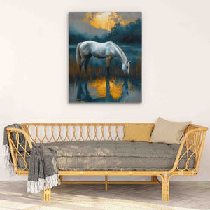 a painting of a white horse drinking water