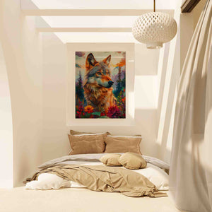 a painting of a wolf on a wall above a bed