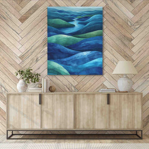 a painting on a wall above a sideboard