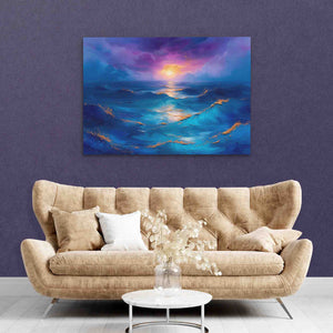 a living room with a couch and a painting on the wall