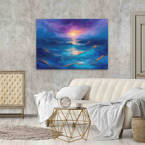 a living room with a couch and a painting on the wall