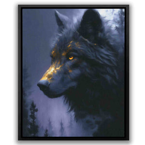 a painting of a wolf with yellow eyes