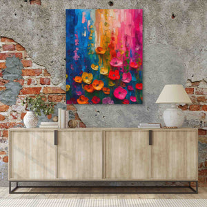 a painting hanging on a wall next to a sideboard