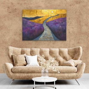 a living room with a couch and a painting on the wall