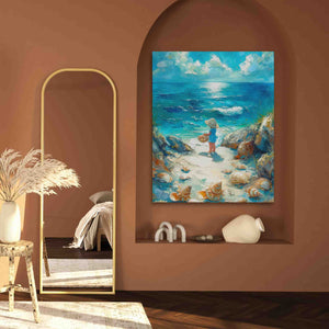 a painting of a person standing on a beach