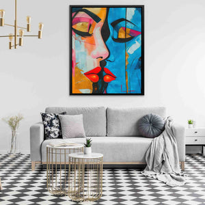 a living room with a couch and a painting on the wall