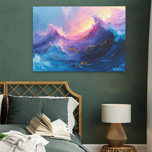 a bedroom with a bed and a painting on the wall