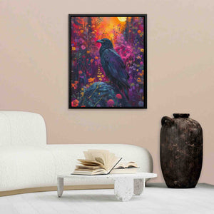a painting of a black bird sitting on a rock