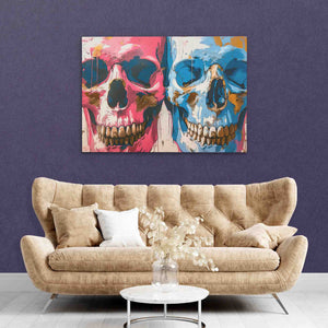 a living room with a couch and a painting on the wall