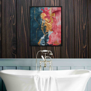 a bathroom with a bathtub and a painting on the wall
