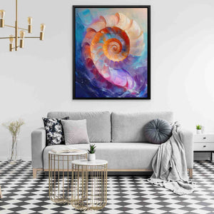 a living room with a couch and a painting on the wall