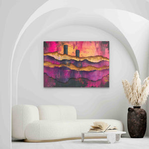 a living room with a white couch and a painting on the wall