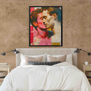 a bedroom with a bed and a painting on the wall