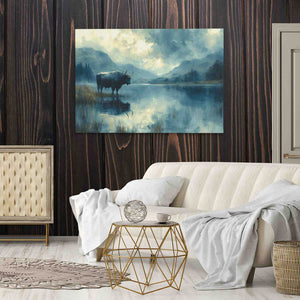 a living room with a couch and a painting on the wall