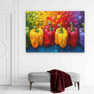 a painting of peppers on a white wall