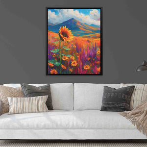 a living room with a couch and a painting on the wall