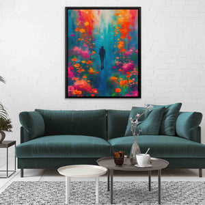 a living room with a blue couch and a painting on the wall