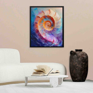 a living room with a white couch and a painting on the wall