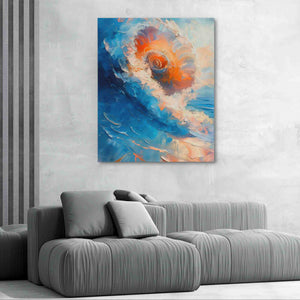 a living room with a couch and a painting on the wall