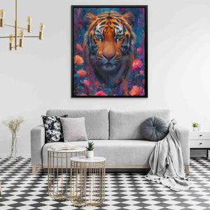 a living room with a couch and a painting on the wall