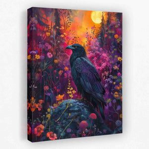 a painting of a black bird sitting on a rock
