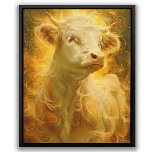 a painting of a cow with a yellow background