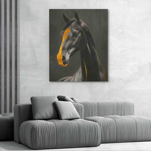 a painting of a horse on a wall above a couch