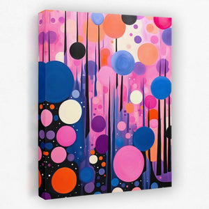 a painting of colorful circles and lines on a white background