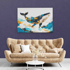 a living room with a couch and a painting on the wall