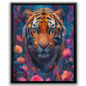 a painting of a tiger surrounded by flowers