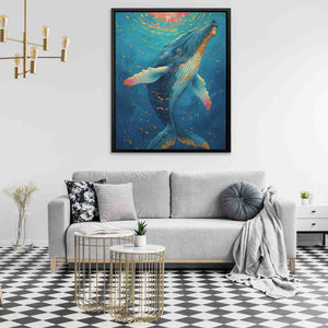 a living room with a couch and a painting on the wall