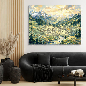 Alpine Village Sunrise — alpine village sunrise sq black couch and wood walls 1land flush print