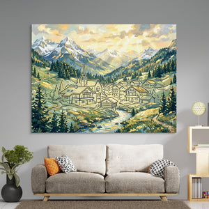 Alpine Village Sunrise — alpine village sunrise sq boring room 1land flush print