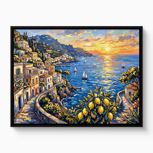 Amalfi Coast Sunset โ amalfi coast sunset white studio framed black