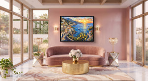 Amalfi Coast Sunset โ amalfi coast sunset pink living room 1land framed black