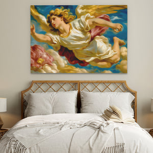 Angel's Golden Ascent - Angelic Wall Art in Black Frame