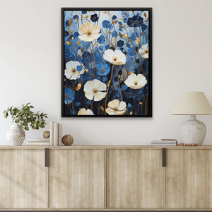 Azure Blossoms - Navy Blue Wall Art in Black Frame