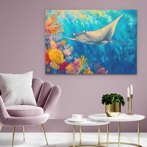 Azure Depths Manta Ray - Wall Art in Black Frame