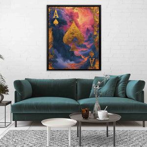 a living room with a blue couch and a painting on the wall