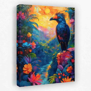 a painting of a bird sitting on a tree branch