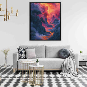 a living room with a couch and a painting on the wall