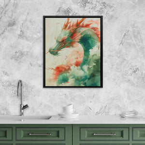 a picture of a dragon on a wall above a kitchen sink