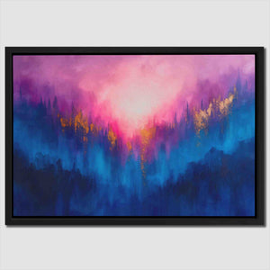 a painting of a sunset over a forest