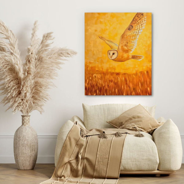 Barn Owl in Sunset Glow in a room
