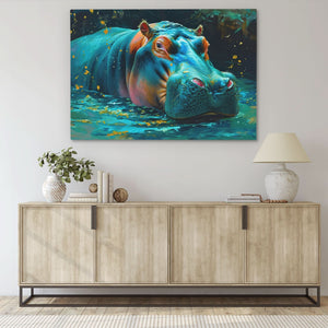 Bathing Hippo - Green Animals Canvas Print