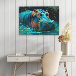 Bathing Hippo - Green Wall Art