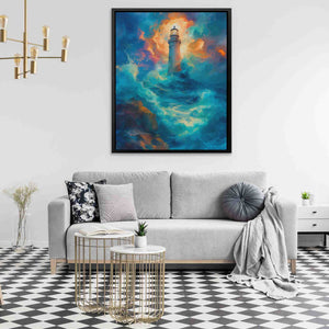 a living room with a couch and a painting on the wall