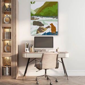 Bear Fishing - Minimalist Earth Tones Canvas Wall Art