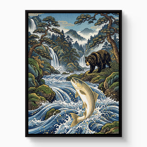Bear Salmon Stream โ bear salmon stream white studio framed black